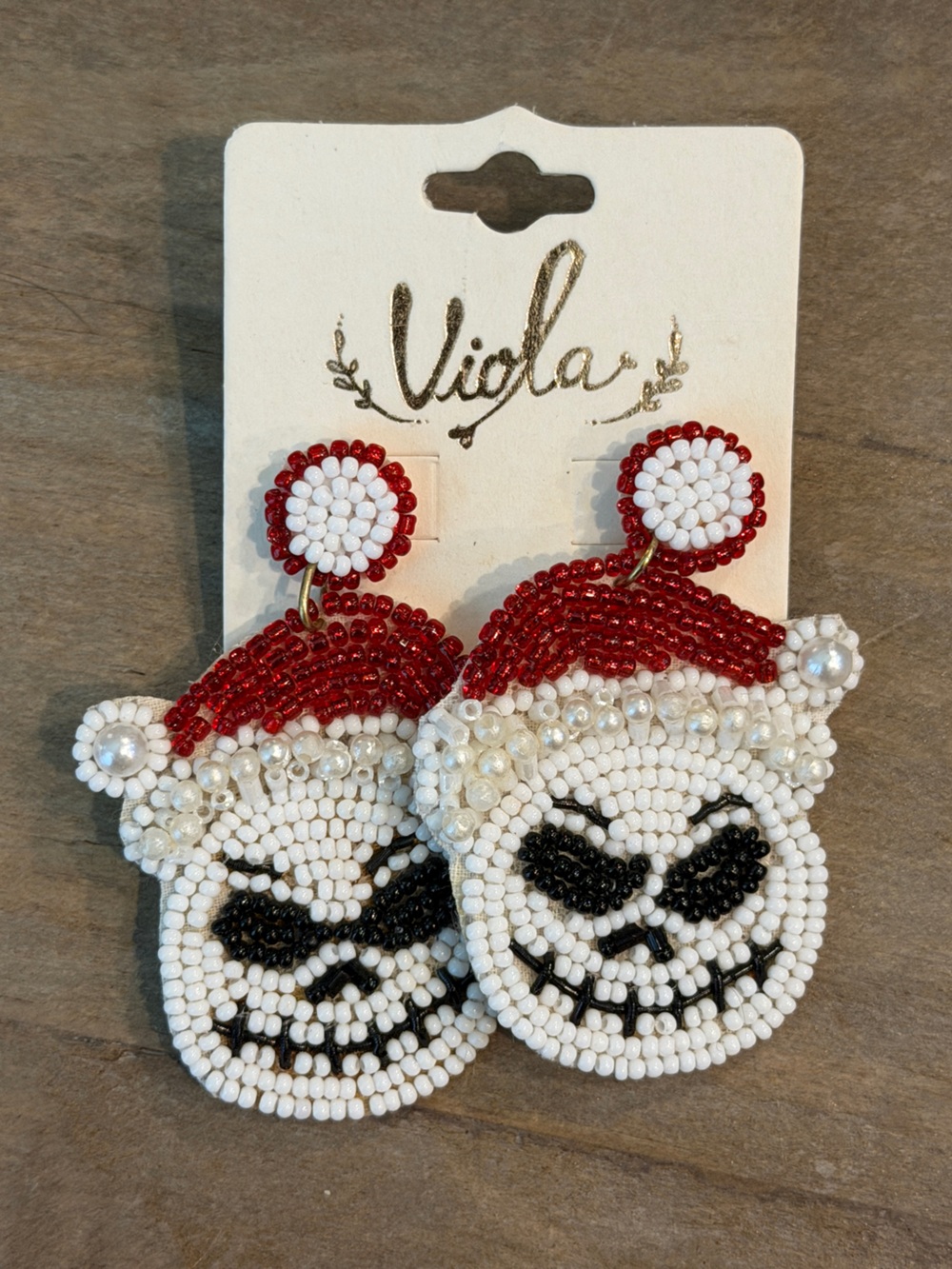 Beaded Red & White Nightmare skull Santa Drop Earrings